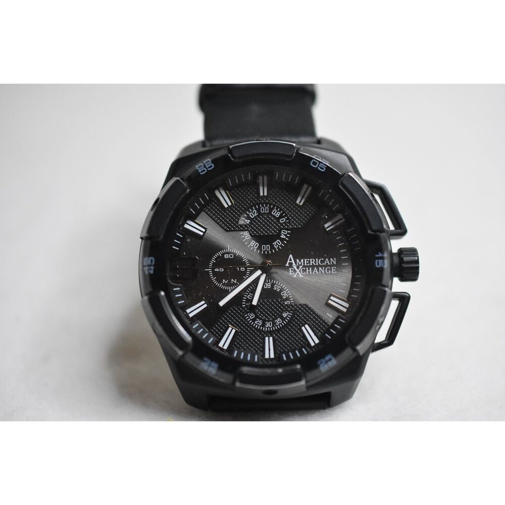 American Exchange Goth Punk Black Leather Band Quartz New Battery Unisex Watch